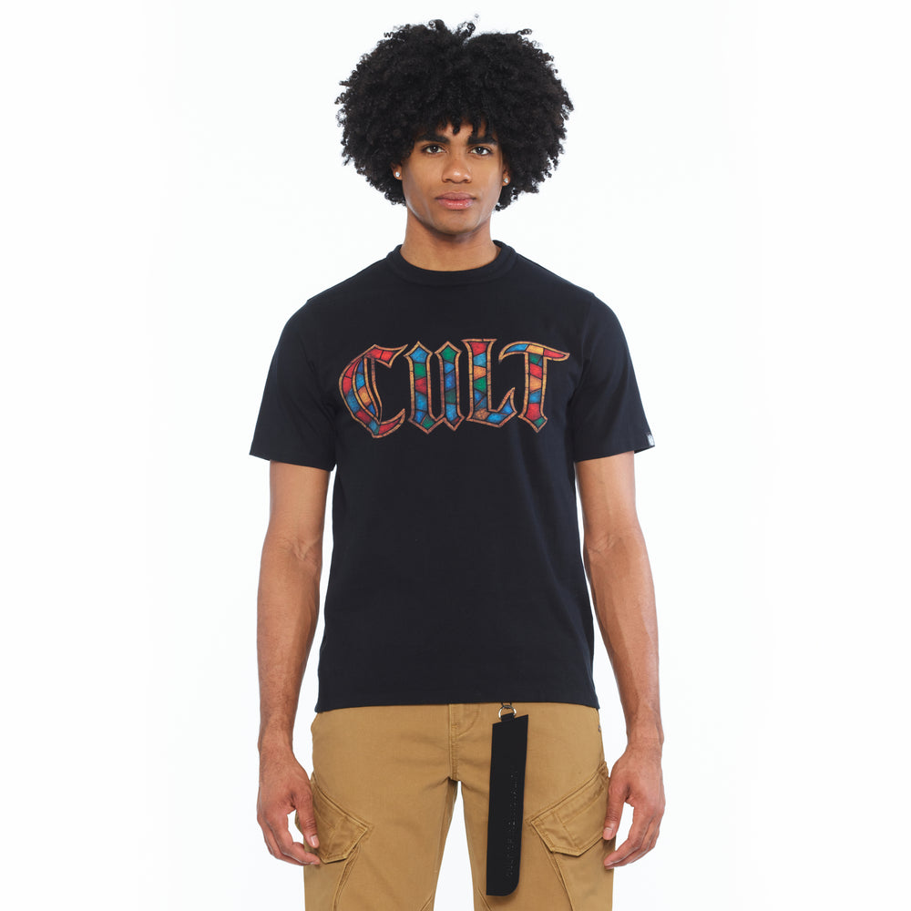 Cult's Short Sleeve Crew Neck Tee "Stained Glass" 260 Grams In Black
