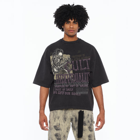 Cult's Oversized Short Sleeve Crew Neck Tee "Freedom" 260 Grams In Vintage Charcoal