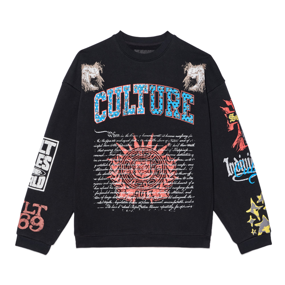 Cult's French Terry Fleece Crew Sweatshirt "Culture" 620 Grams In Black
