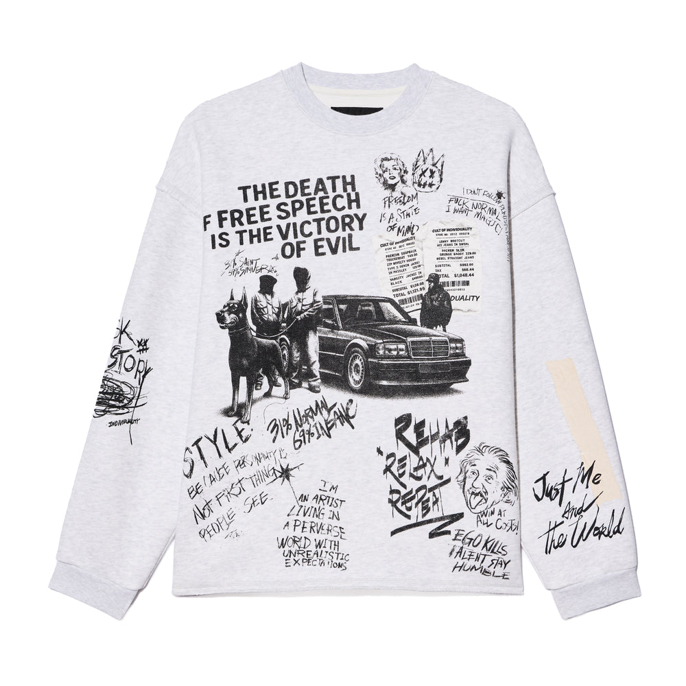 Cult's French Terry Fleece Crew Sweatshirt "The Death Of Free Speec In Heather Grey