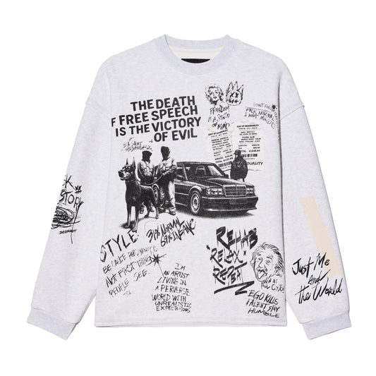 Cult's French Terry Fleece Crew Sweatshirt "The Death Of Free Speec In Heather Grey