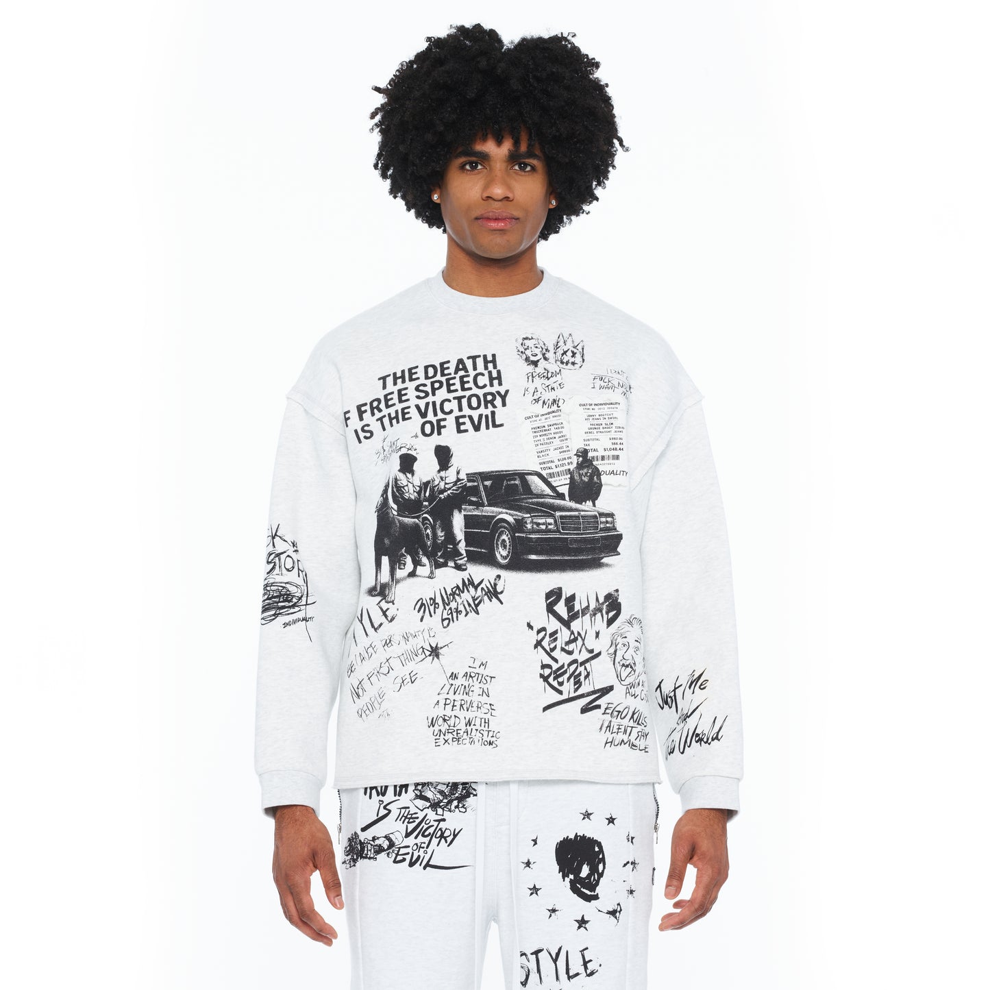 Cult's French Terry Fleece Crew Sweatshirt "The Death Of Free Speec In Heather Grey