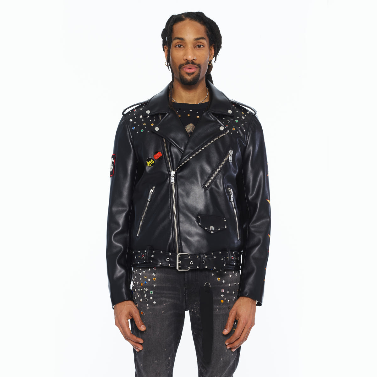 Cult's Leather Moto Jacket "Stars" In Black