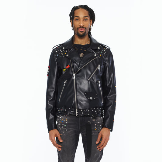 Cult's Leather Moto Jacket "Stars" In Black