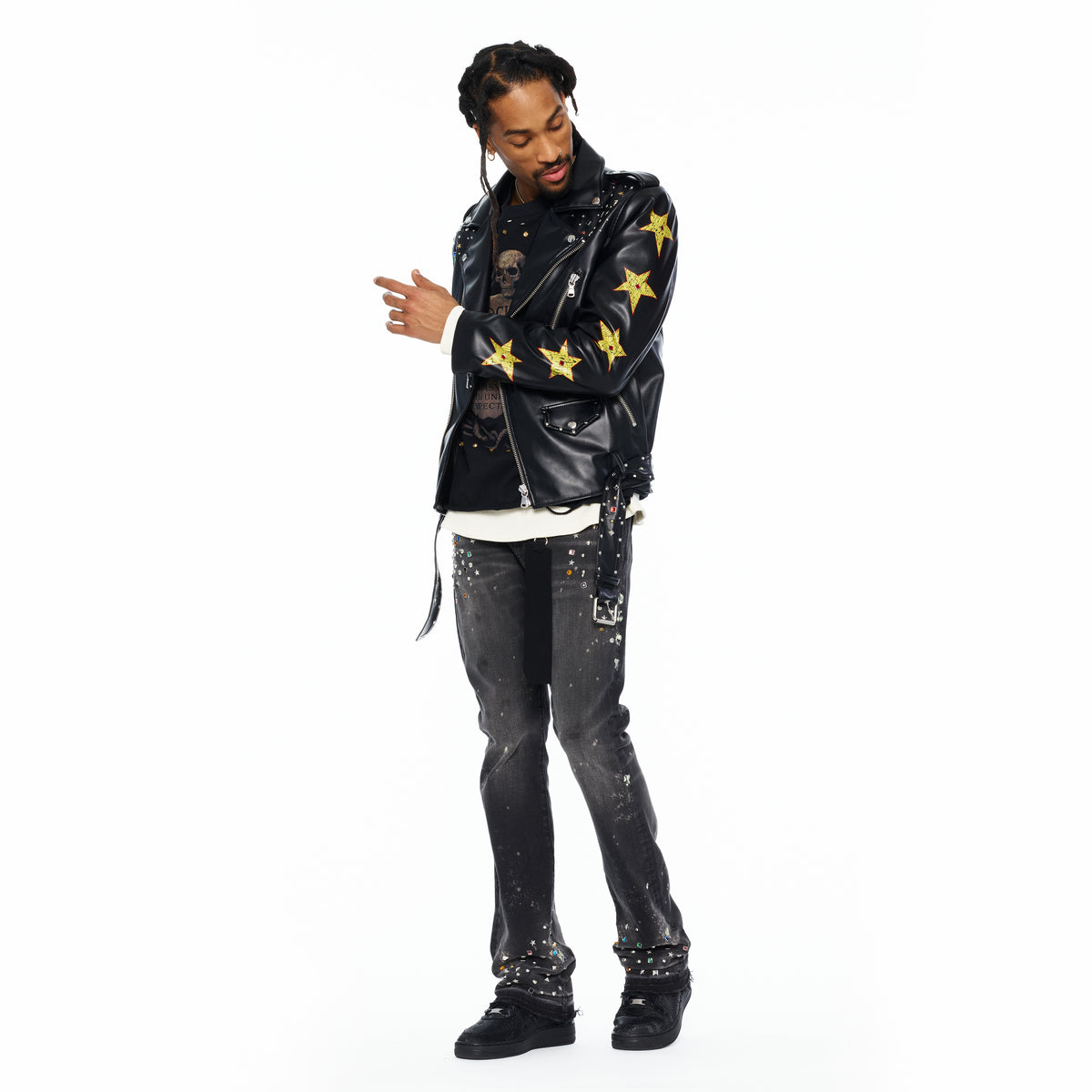 Cult's Leather Moto Jacket "Stars" In Black