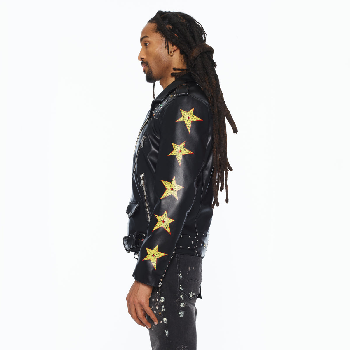Cult's Leather Moto Jacket "Stars" In Black