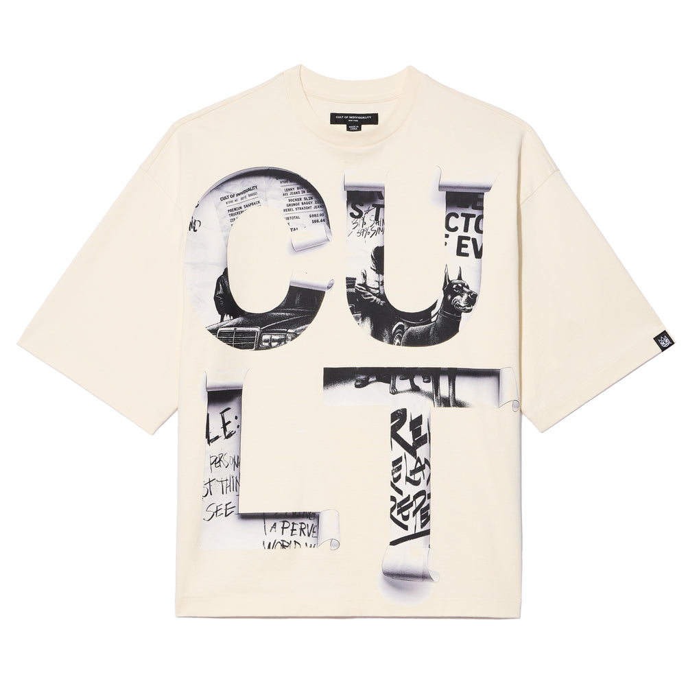 Cult's Oversized Short Sleeve Crew Neck Tee "Cult Newspaper" 260 Gr In Winter White