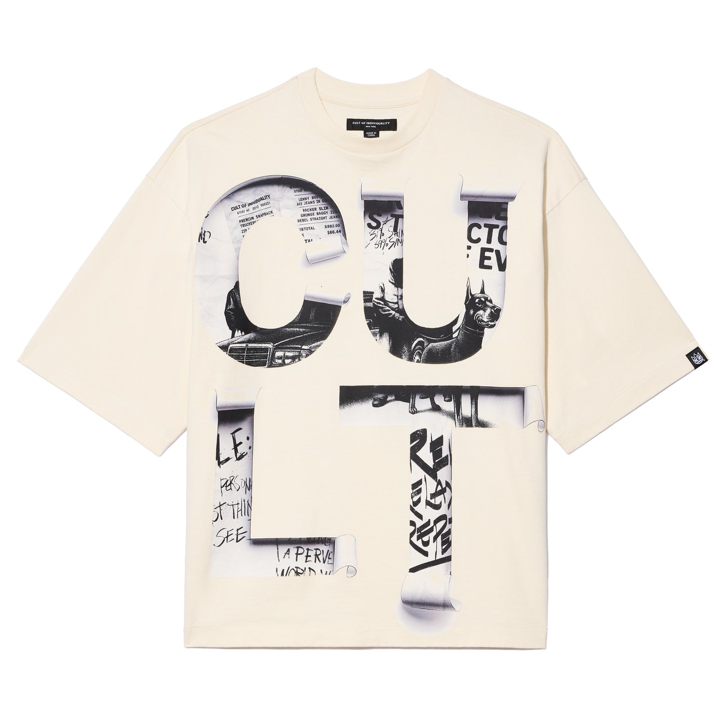 Cult's Oversized Short Sleeve Crew Neck Tee "Cult Newspaper" 260 Gr In Winter White