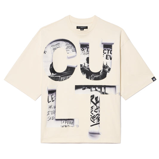 Cult's Oversized Short Sleeve Crew Neck Tee "Cult Newspaper" 260 Gr In Winter White
