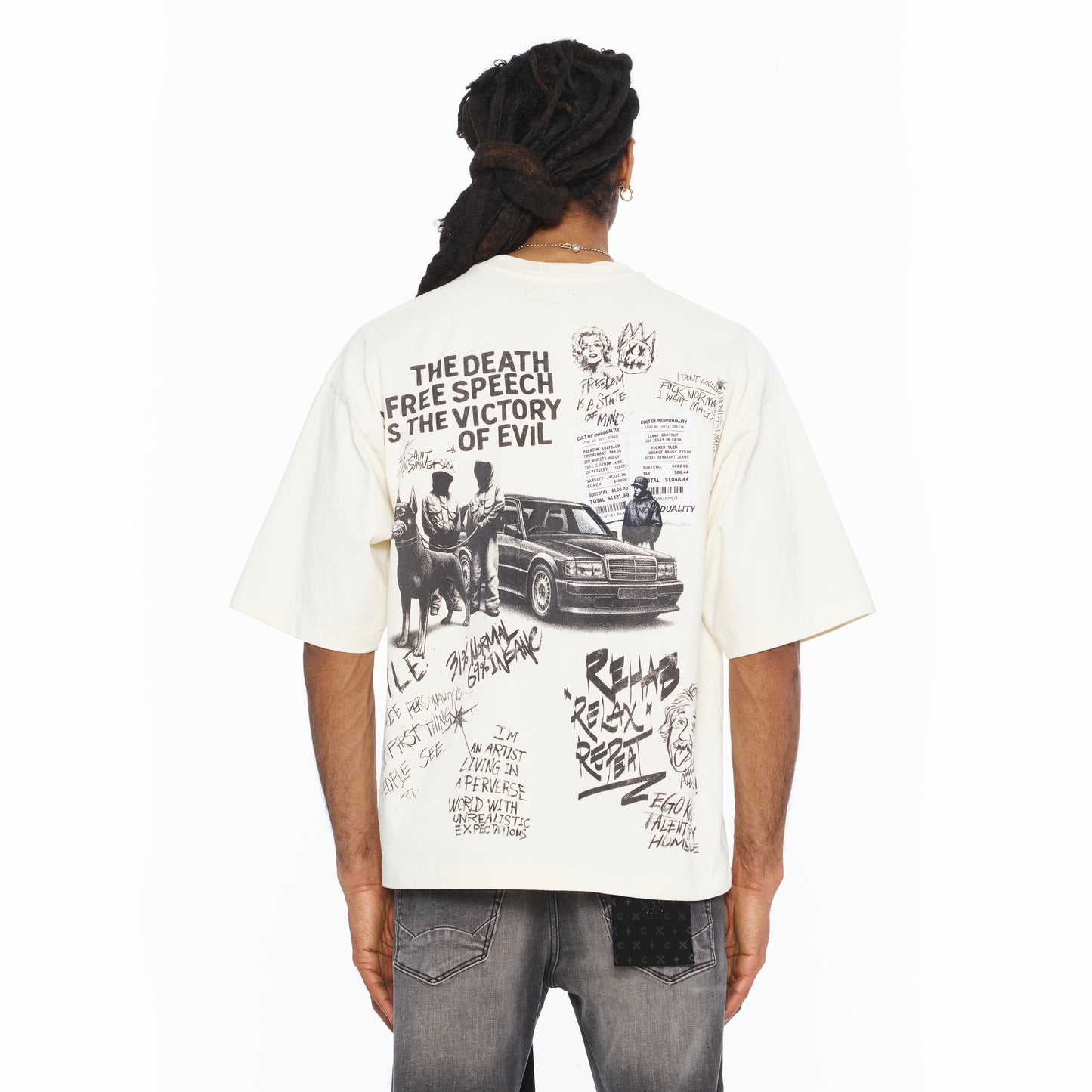 Cult's Oversized Short Sleeve Crew Neck Tee "Cult Newspaper" 260 Gr In Winter White