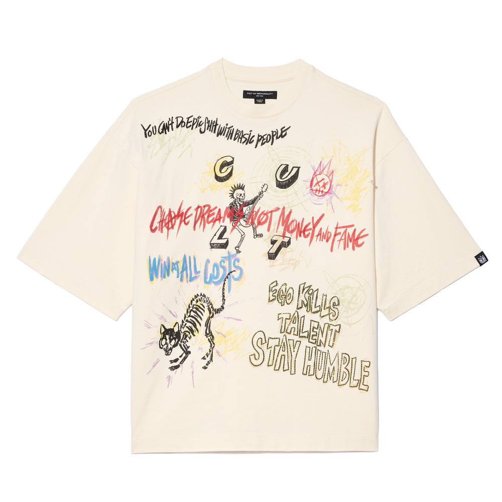 Cult's Oversized Short Sleeve Crew Neck Tee "Graffiti" 260 Grams In Winter White