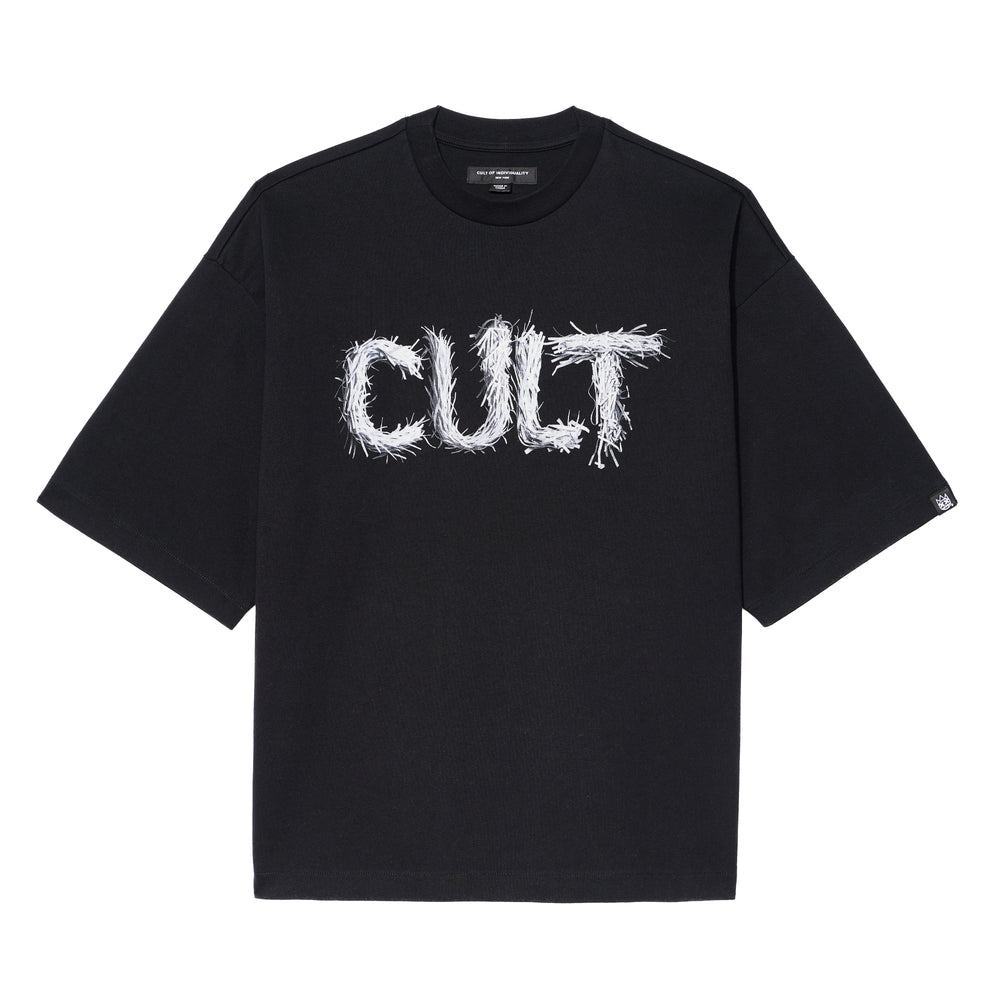 Cult's Oversized Short Sleeve Crew Neck Tee "Shredded" 260 Grams In Black
