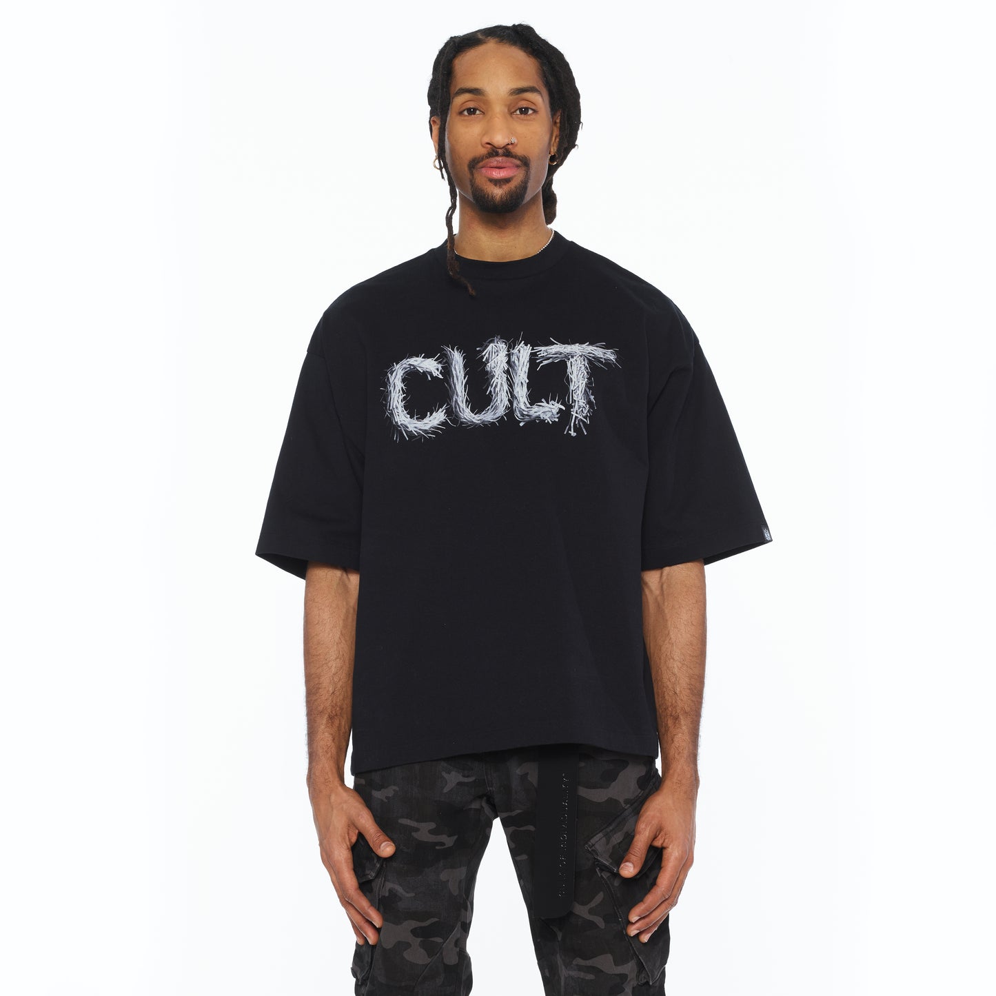Cult's Oversized Short Sleeve Crew Neck Tee "Shredded" 260 Grams In Black