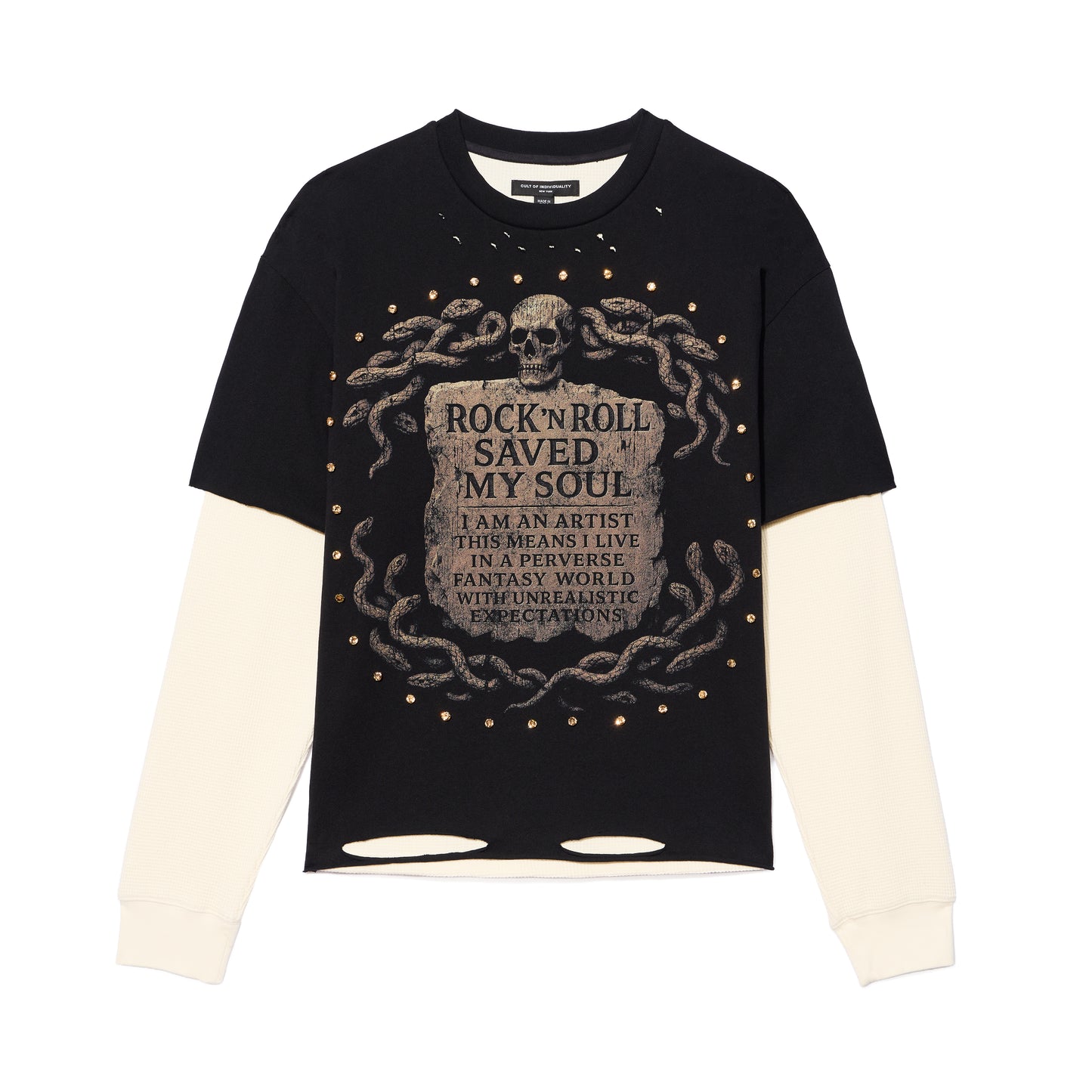 Cult's Long Sleeve Layered Thermal Tee "Rock N Roll Saved My Soul" In Black