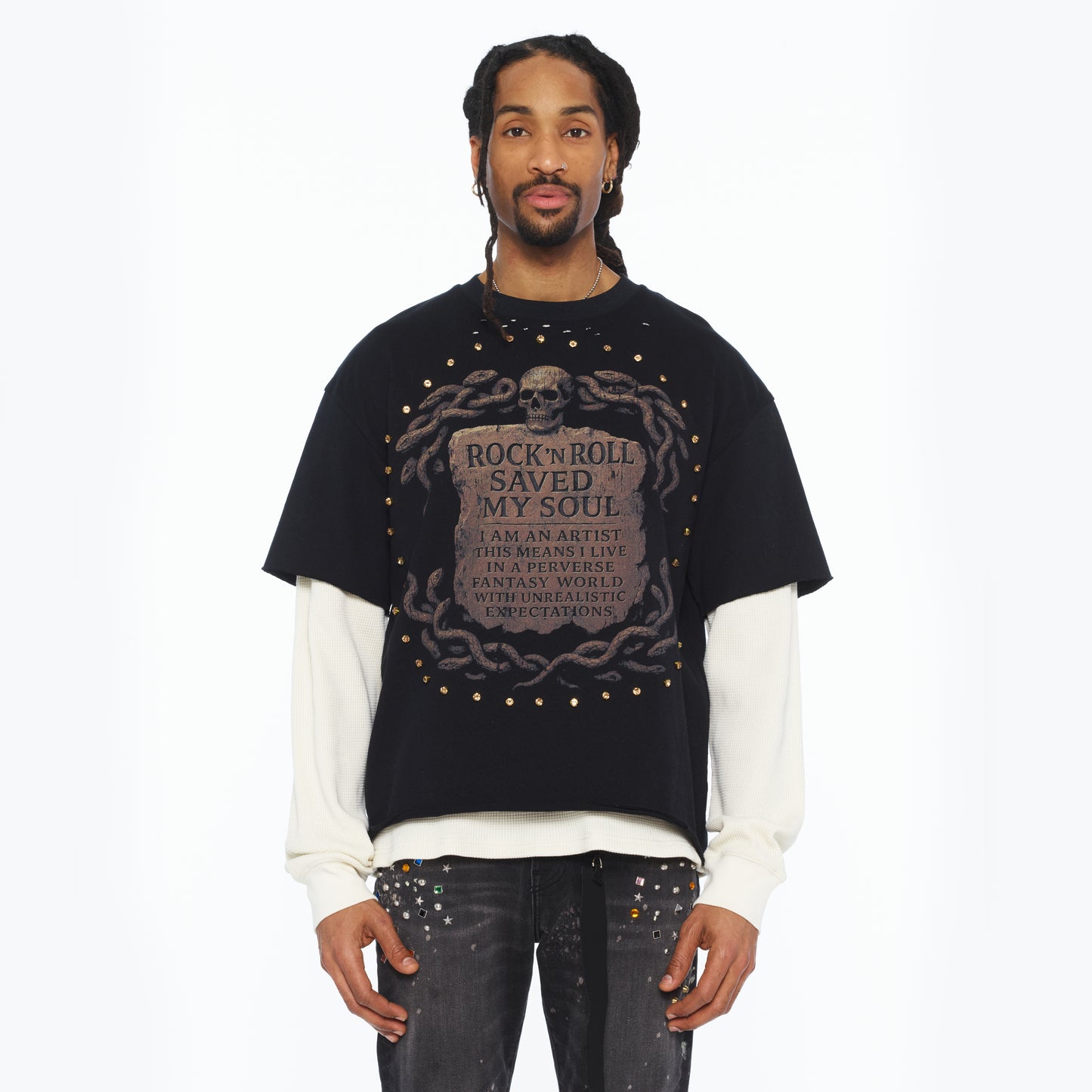 Cult's Long Sleeve Layered Thermal Tee "Rock N Roll Saved My Soul" In Black