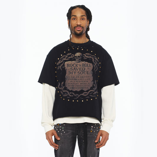 Cult's Long Sleeve Layered Thermal Tee "Rock N Roll Saved My Soul" In Black