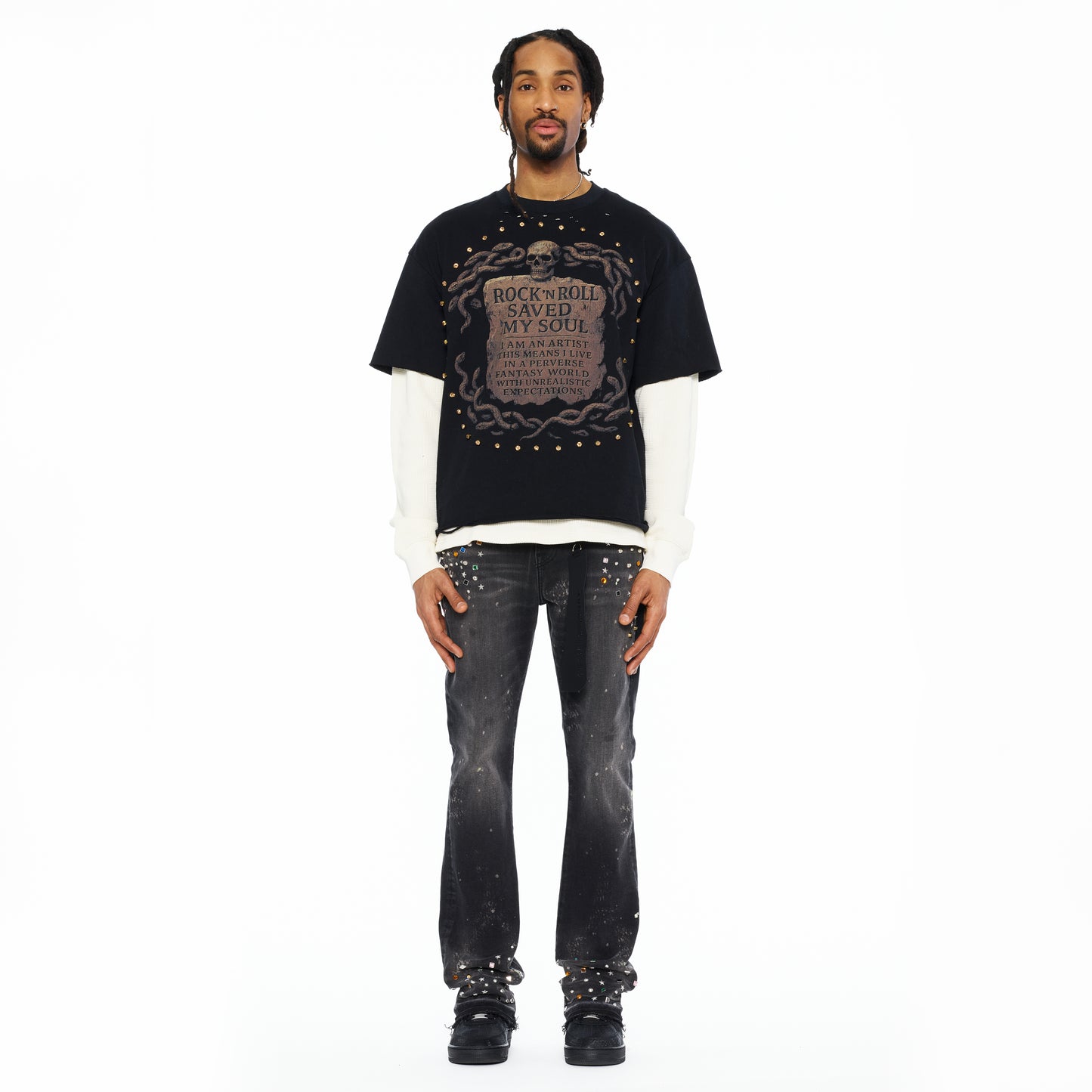 Cult's Long Sleeve Layered Thermal Tee "Rock N Roll Saved My Soul" In Black