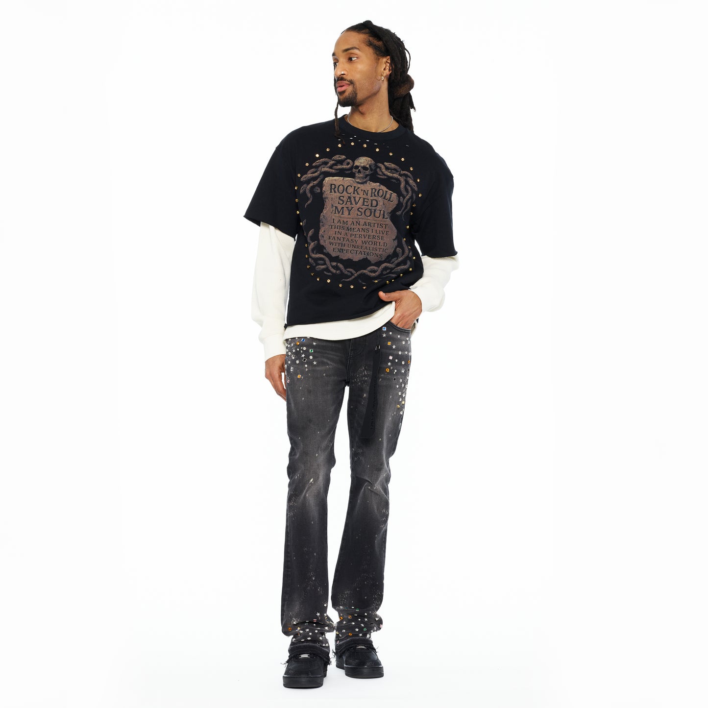 Cult's Long Sleeve Layered Thermal Tee "Rock N Roll Saved My Soul" In Black