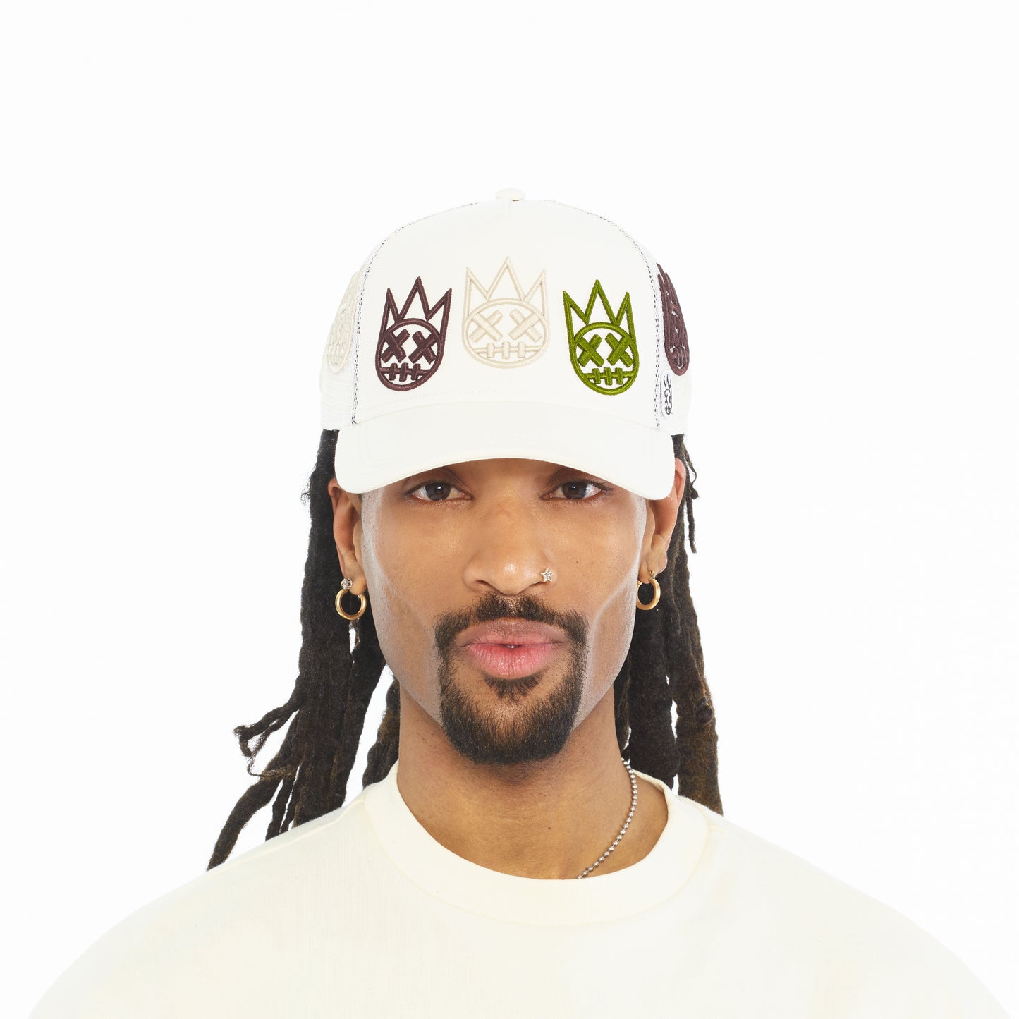 Cult's Mesh Back Trucker Hat "Multi Logo" In Winter White