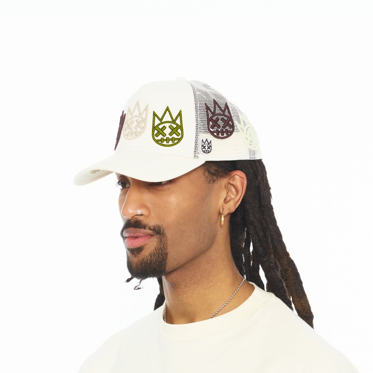 Cult's Mesh Back Trucker Hat "Multi Logo" In Winter White