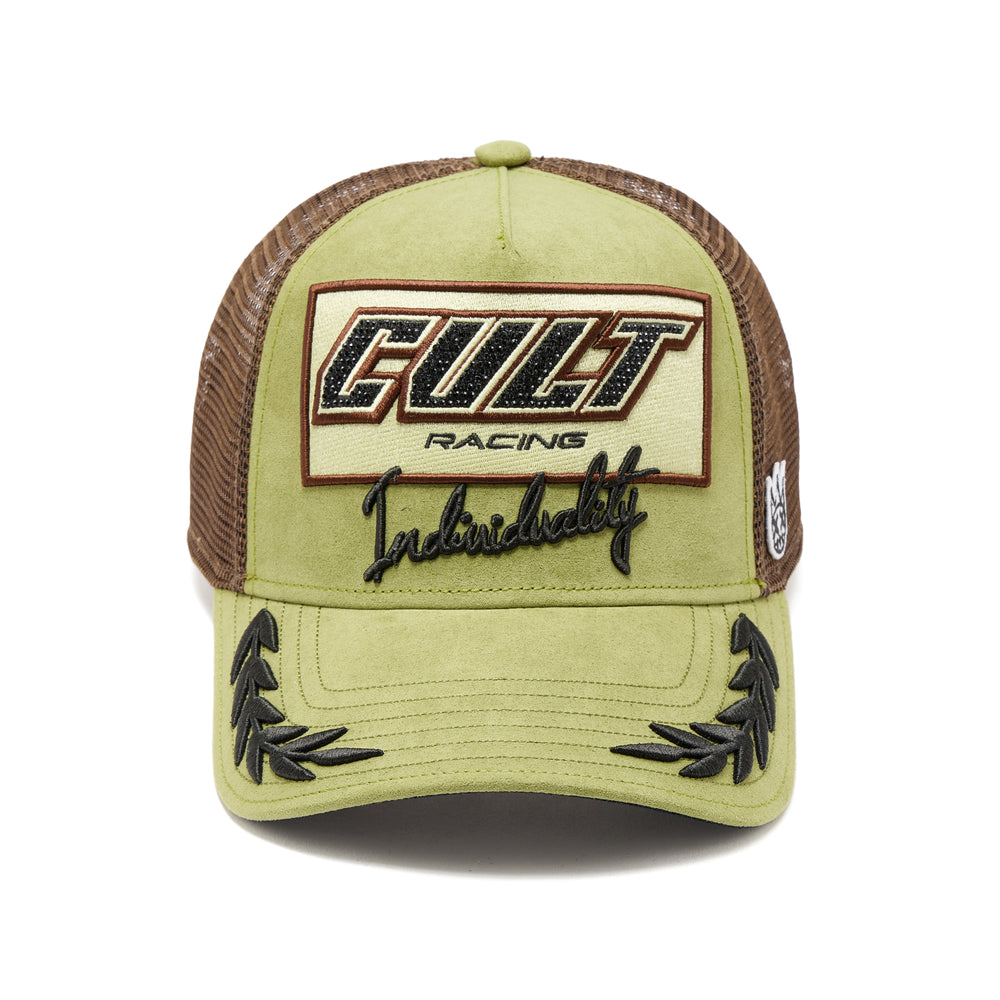 Cult's Mesh Back Trucker Hat "Cult Racing" In Olive