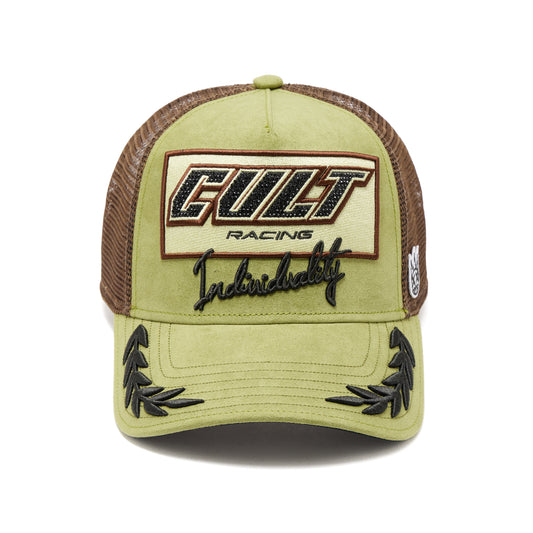Cult's Mesh Back Trucker Hat "Cult Racing" In Olive