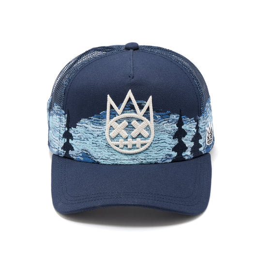 Cult's Mesh Back Trucker Hat "Mountains" In Dark Navy