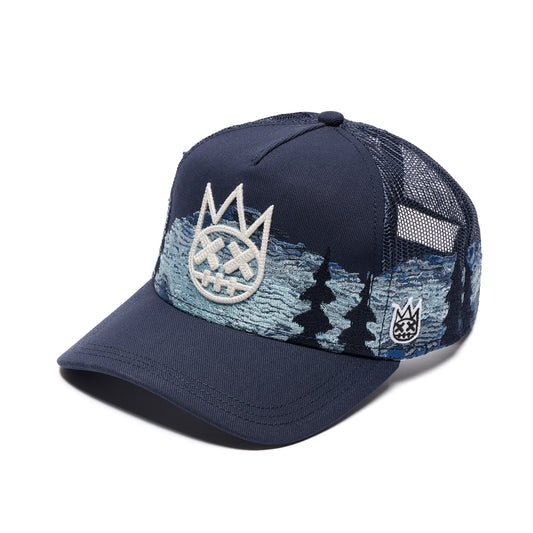 Cult's Mesh Back Trucker Hat "Mountains" In Dark Navy