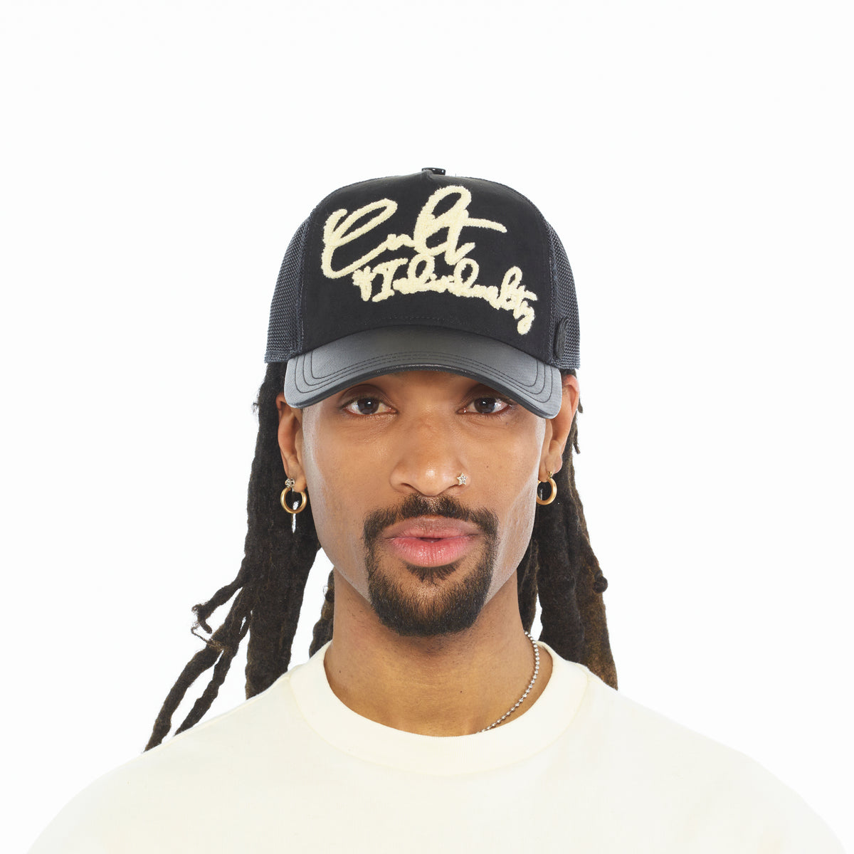 Cult's Mesh Back Trucker Hat "Grasshopper Emb Hat" In Black