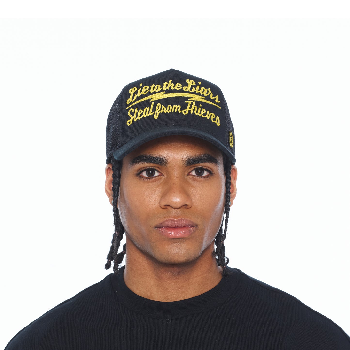 Cult's Mesh Back Trucker Hat "Lie To The Liars" In Black/Yellow