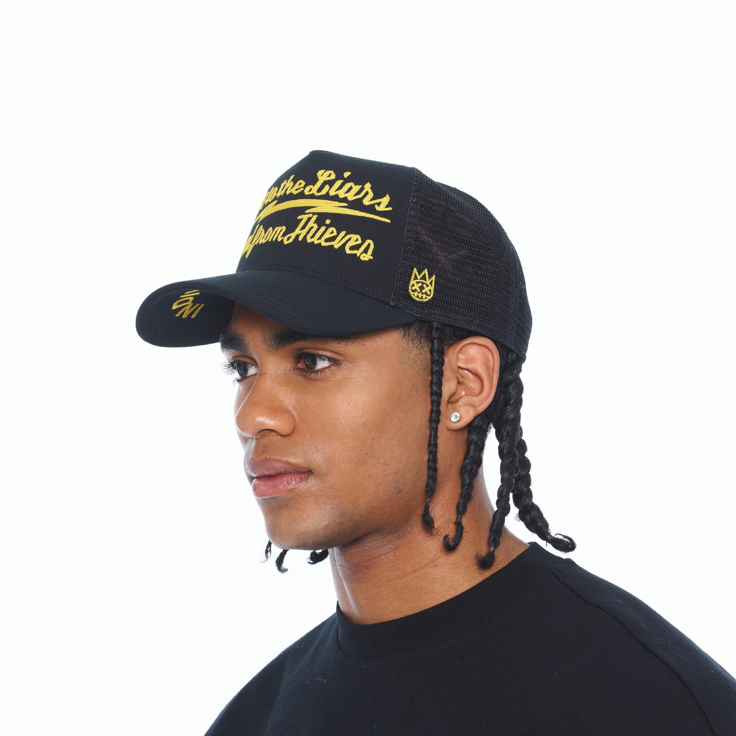 Cult's Mesh Back Trucker Hat "Lie To The Liars" In Black/Yellow