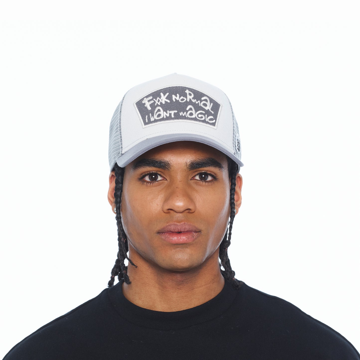 Cult's Mesh Back Trucker Hat "Fxxk Normal, I Want Magic" In Cool Grey