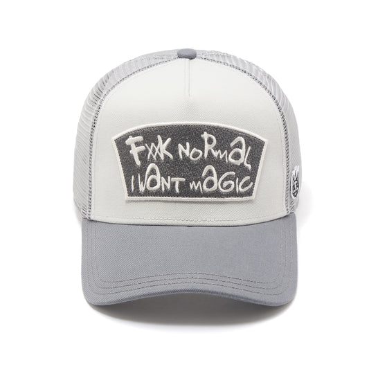 Cult's Mesh Back Trucker Hat "Fxxk Normal, I Want Magic" In Cool Grey