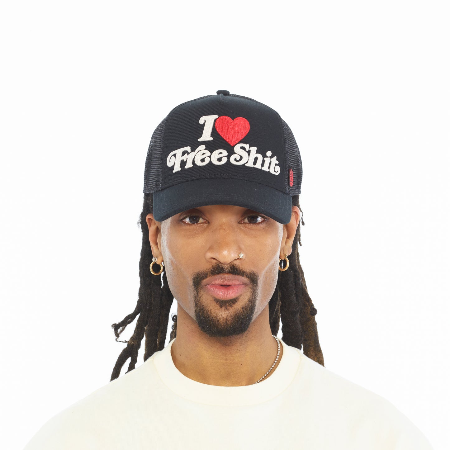 Cult's Mesh Back Trucker Hat "I Love Free Shit" In Black