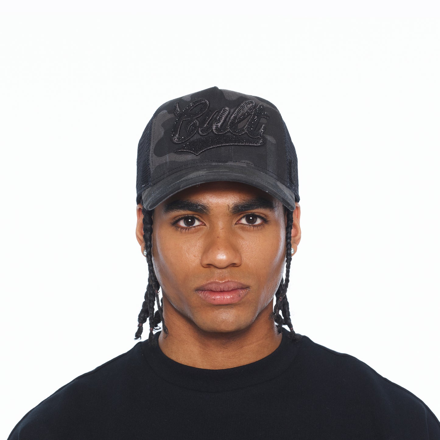 Cult's Mesh Back Trucker Hat "Camo Crystal Script" In Black Camo