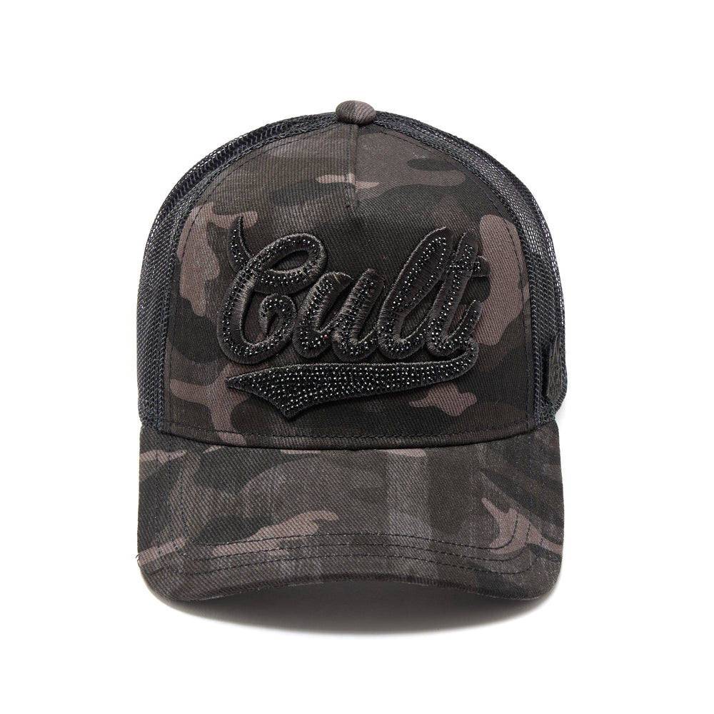 Cult's Mesh Back Trucker Hat "Camo Crystal Script" In Black Camo