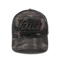 Cult's Mesh Back Trucker Hat "Camo Crystal Script" In Black Camo