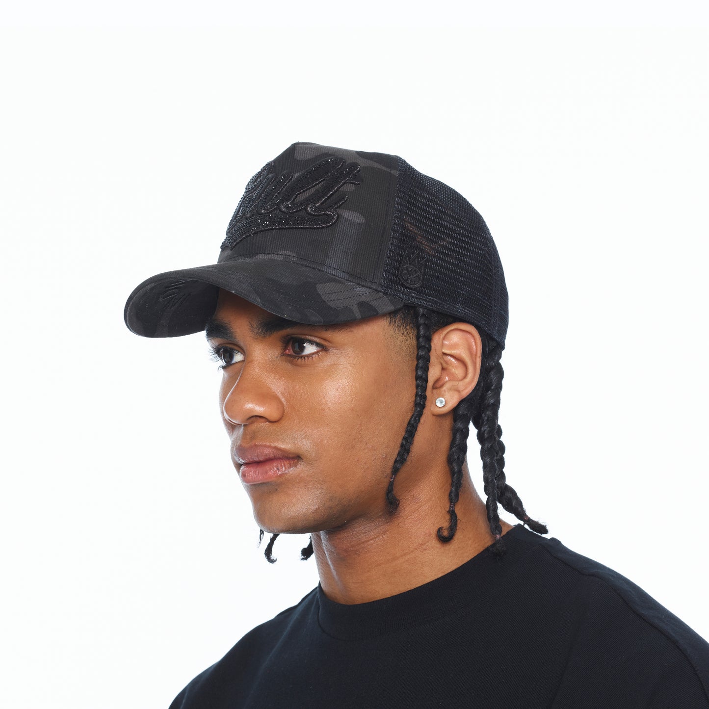 Cult's Mesh Back Trucker Hat "Camo Crystal Script" In Black Camo
