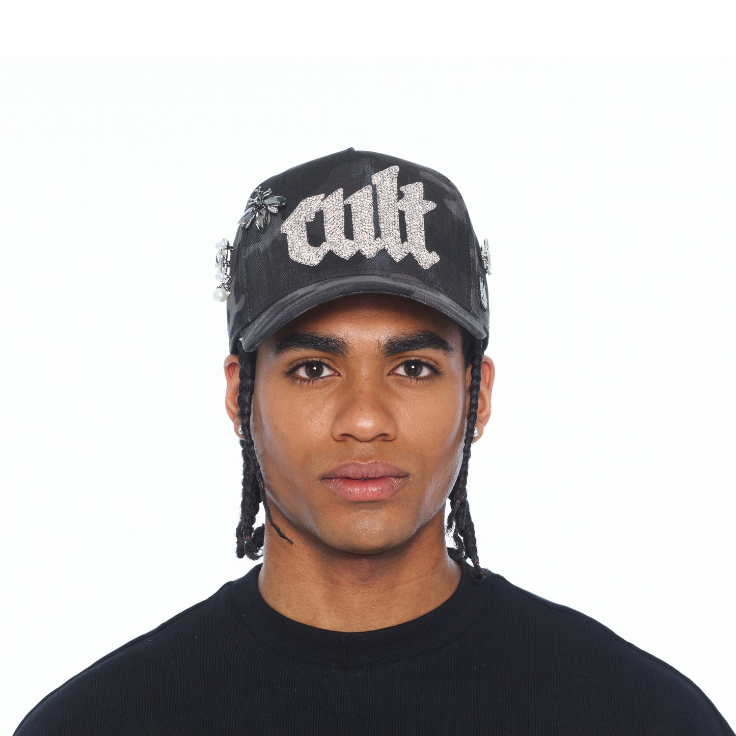 Cult's Mesh Back Trucker Hat "Old English Crystal Logo" In Black Camo