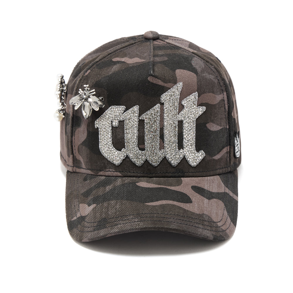 Cult's Mesh Back Trucker Hat "Old English Crystal Logo" In Black Camo