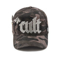 Cult's Mesh Back Trucker Hat "Old English Crystal Logo" In Black Camo