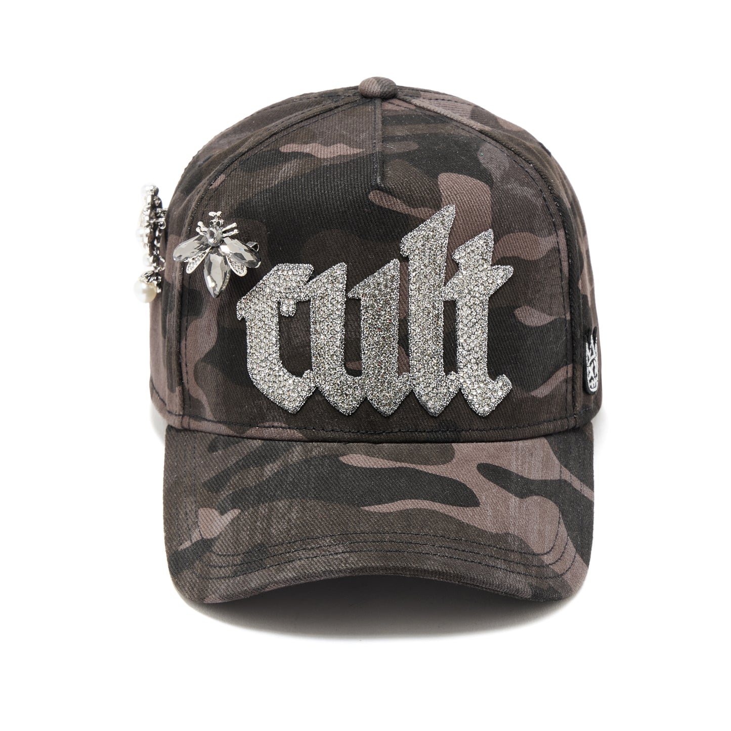Cult's Mesh Back Trucker Hat "Old English Crystal Logo" In Black Camo
