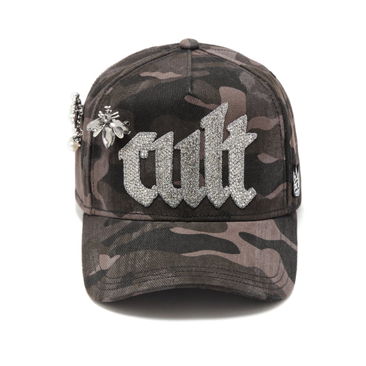 Cult's Mesh Back Trucker Hat "Old English Crystal Logo" In Black Camo