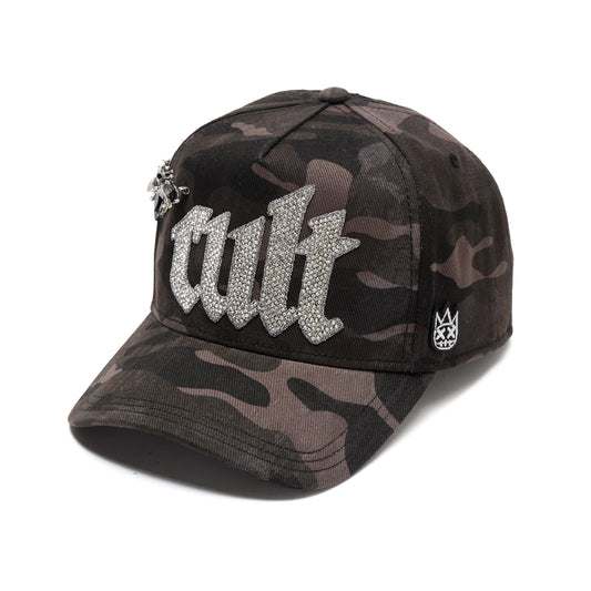 Cult's A Frame Trucker Hat "Old English Crystal Logo" In Black Camo