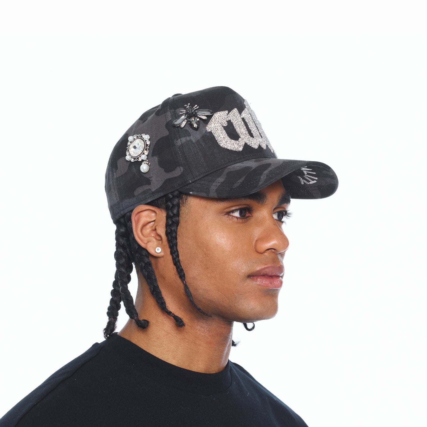 Cult's Mesh Back Trucker Hat "Old English Crystal Logo" In Black Camo