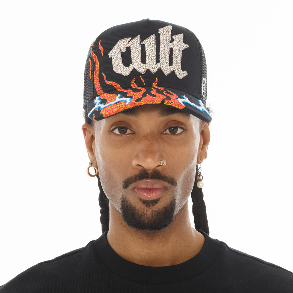Cult's Mesh Back Trucker Hat "Flame" In Black