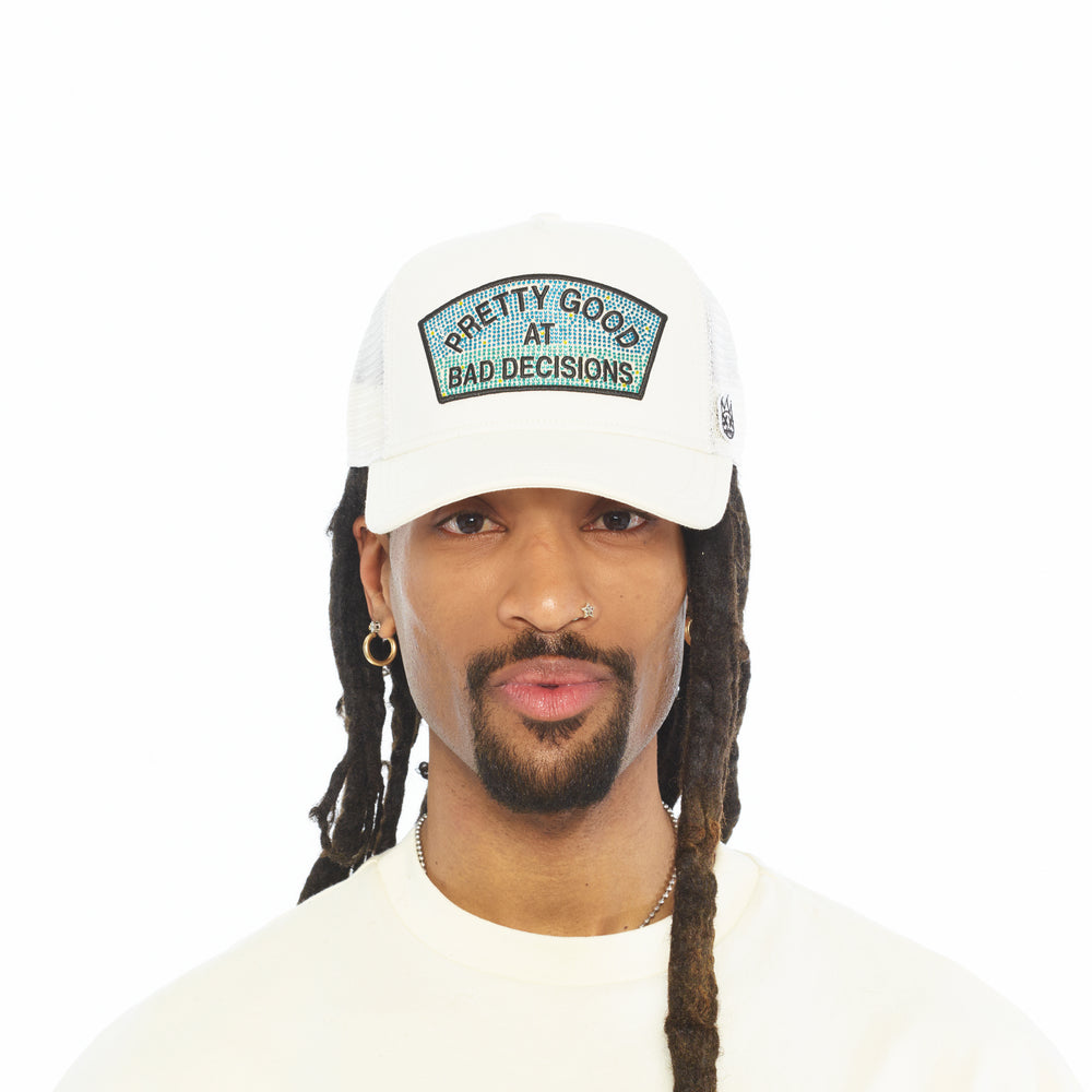 Cult's Mesh Back Trucker Hat "Pretty Good At Bad Decisions" In Winter White