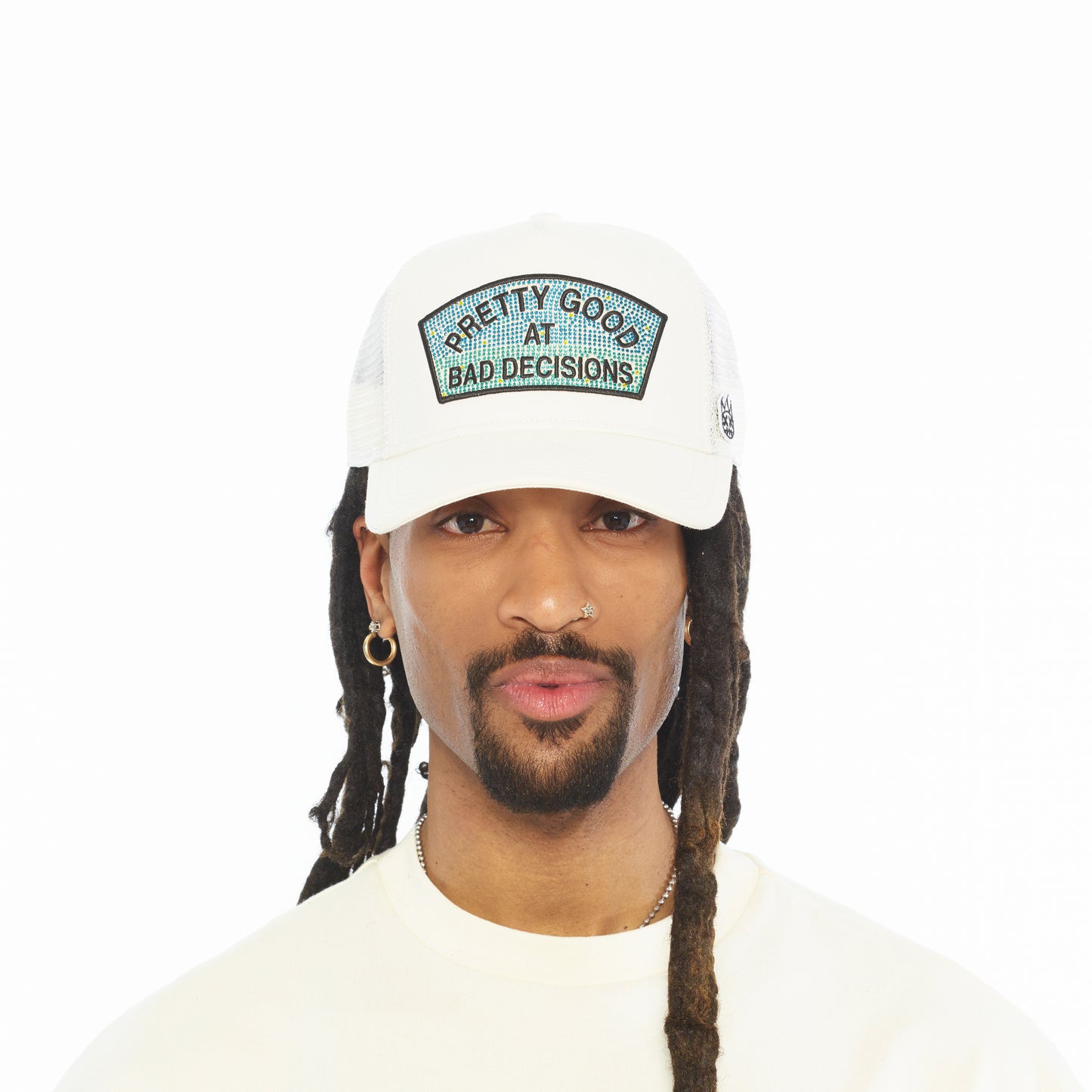 Cult's Mesh Back Trucker Hat "Pretty Good At Bad Decisions" In Winter White