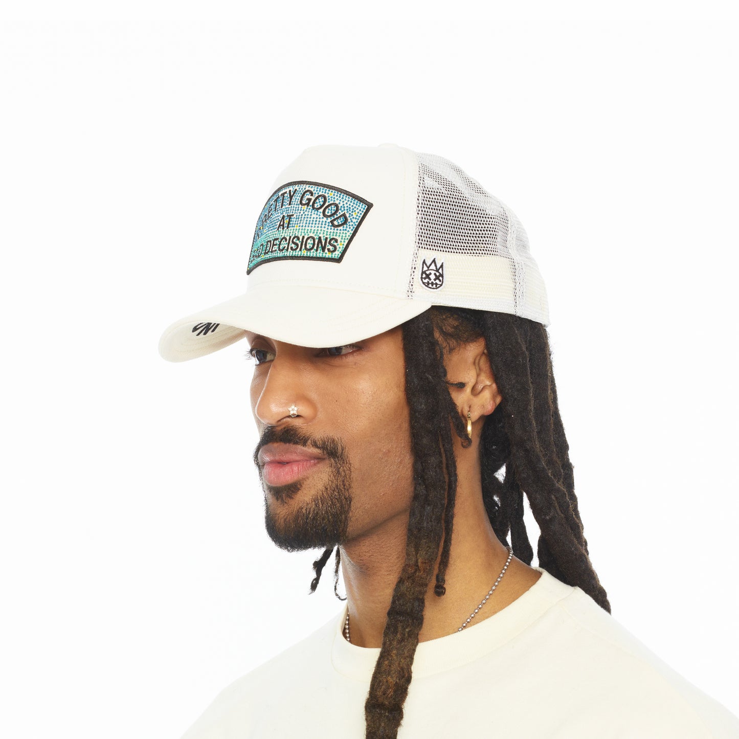 Cult's Mesh Back Trucker Hat "Pretty Good At Bad Decisions" In Winter White
