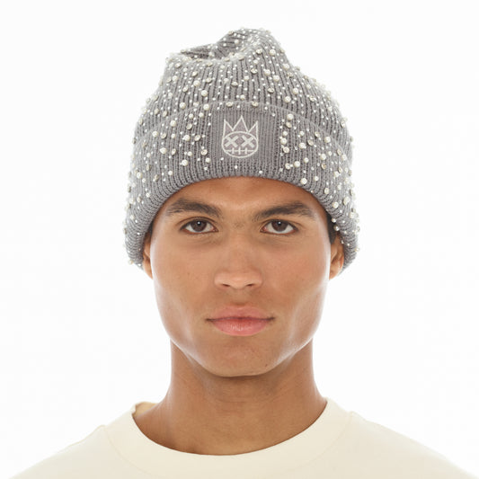 Cult's Knit Hat "Crystals And Pearls" In Charcoal Grey